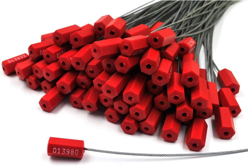 FlixGrdy (200 PCS) 11.8 inch Security Cable Seals Numbered Tamper Proof Security Tags, Steel Pull-Tite Container Seals Wire Seals, Metal Self-Locking Cable Steel Wire Seal for Truck Container Shipping, Red - Image 1